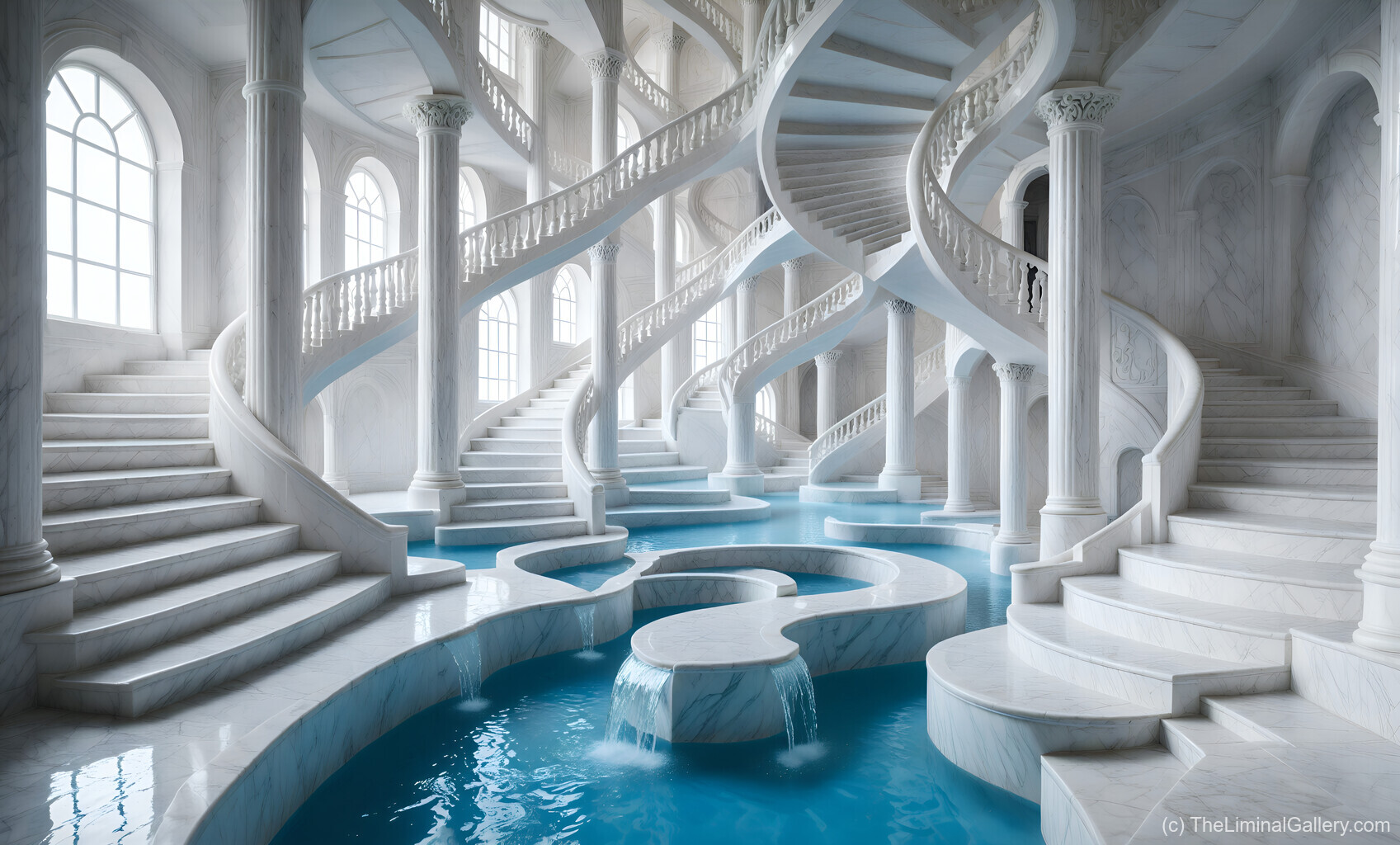 A cascading spiral marble staircase leading to elegant waterfalls, merging surrealism with architectural beauty.